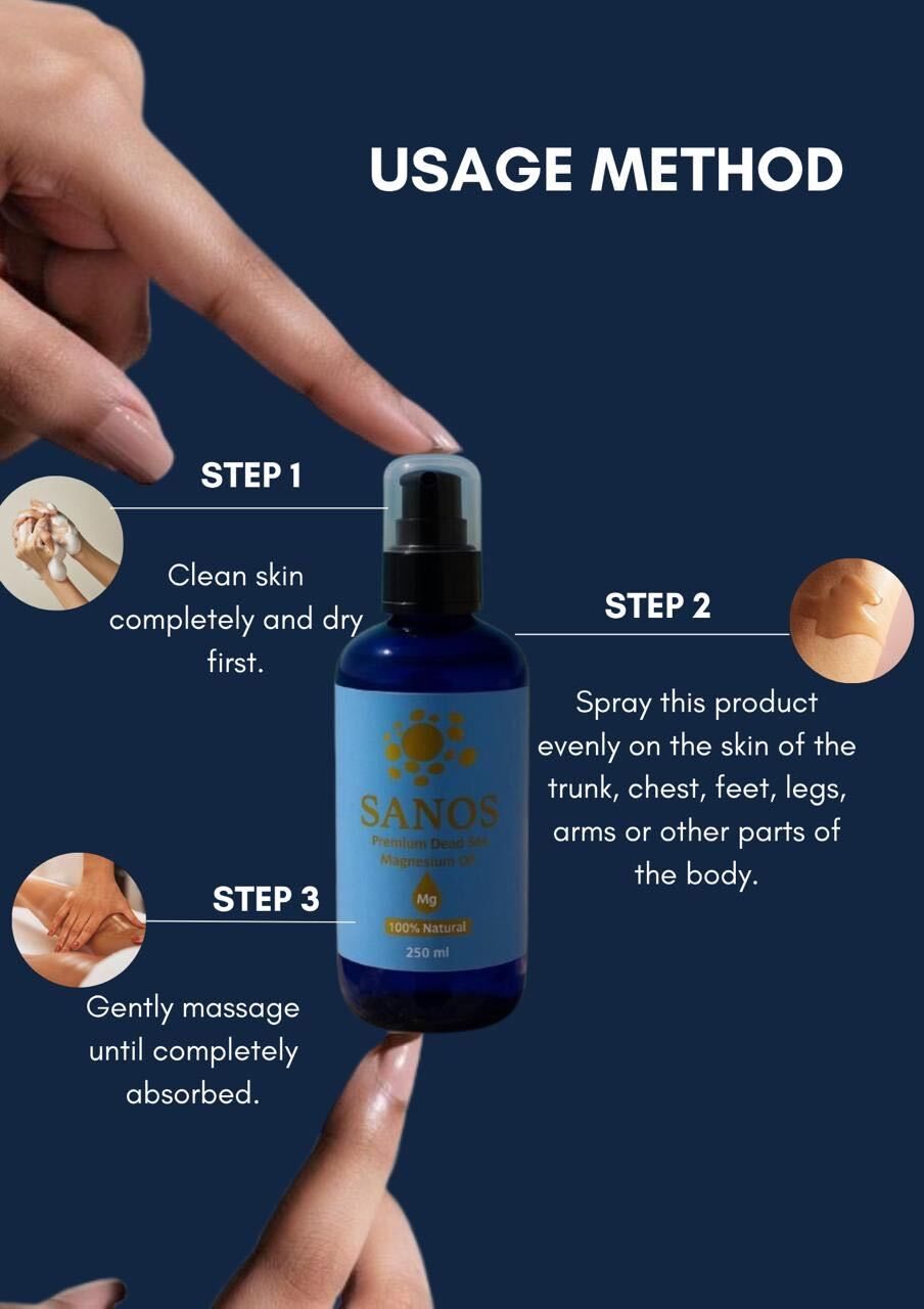 Applying SANOS magnesium oil: spray onto the skin, use anywhere on the body, then massage until absorbed